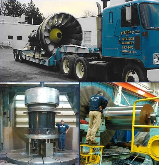 collage of Strecks' precision machinery truck and two pieces of equipment